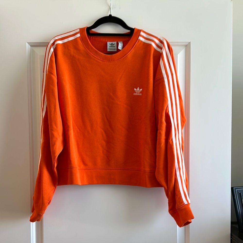 Adidas Orange Cropped Sweatshirt with White Stripes